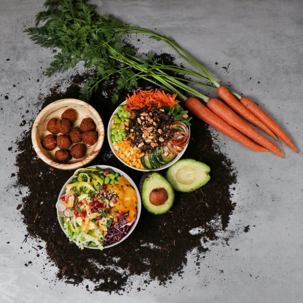 Vegane Bowls, Falafel, Karotten und Avocado
